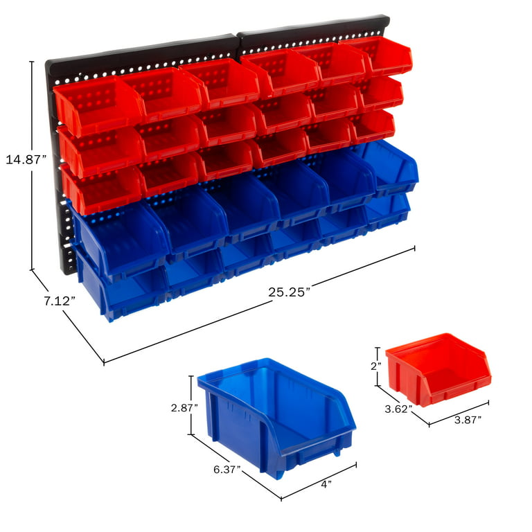 Wall-Mounted Garage Storage Bins - 30-Compartment Garage Organization,  Craft Storage, Tool Box Organizer Unit (Black/Red/Blue) by Stalwart 