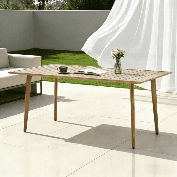 Outdoor Dining Table, 6-Seater 67 inchesTeak Wood Pattern Patio Table with Slatted Top Weather Resistant Outdoor Table for Backyard Porch, Poolside