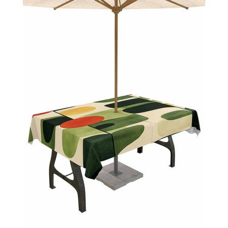 

Outdoor Tablecloth with Umbrella Hole & Zipper Green Abstract Rectangle Tablecloth 52x70 Inch Middle Century Minimalist Lines Patio Table Cover Waterproof Table Cloth for Picnic/Party