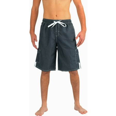 Norty Mens Cargo Solid with Stripe Boardshort Swim Trunks 39269-Large (Charcoal 2)