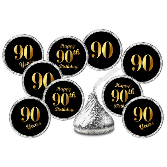 90th Birthday Black Kisses Stickers, (Set of 216) Chocolate Drops Labels Stickers For 90 Birthday, Party Favors Decor for Kisses. Made in USA,