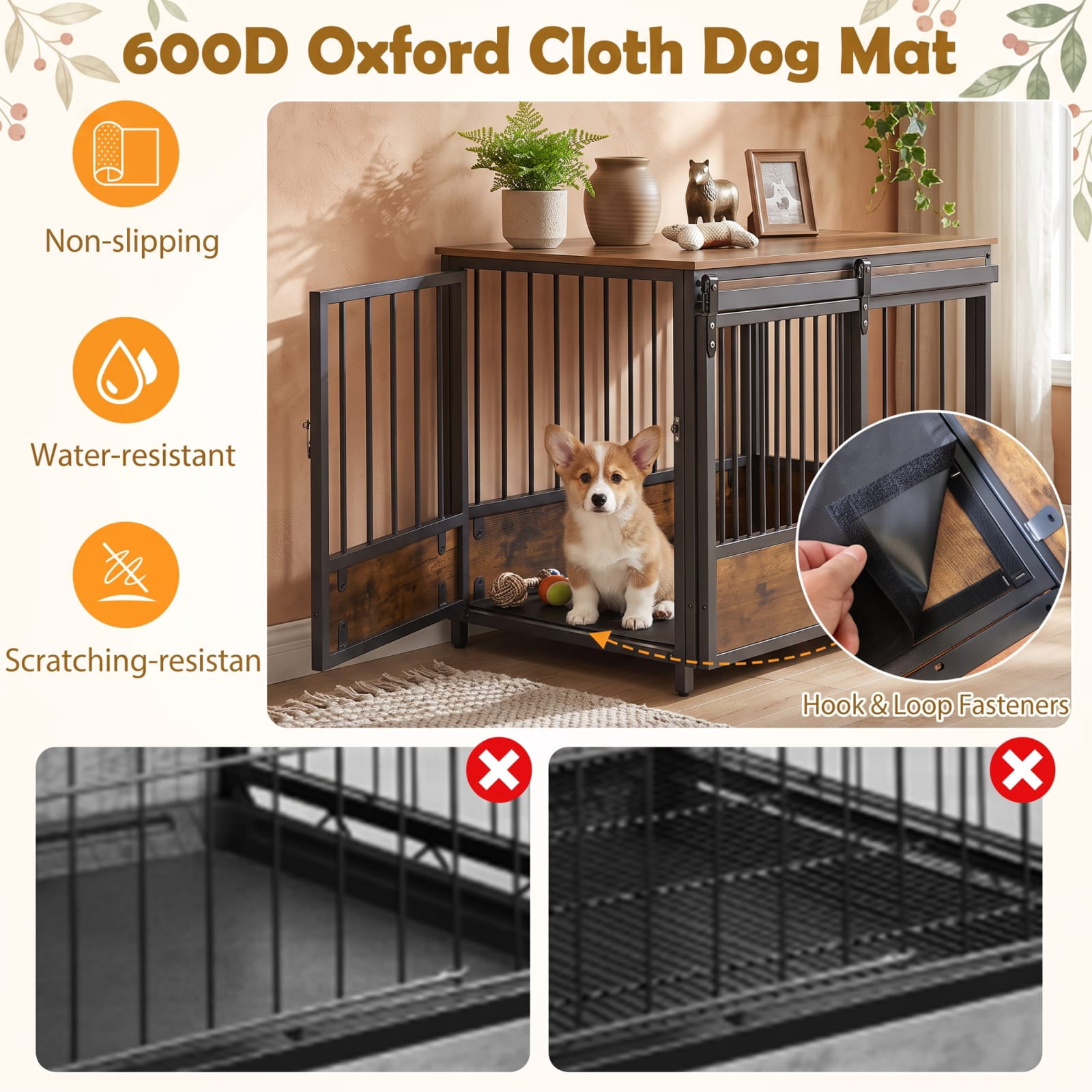 Vebreda 32.5-inch Furniture Style Dog Crate with 2 Doors, Sliding Barn Door and Oxford Mat, Rustic Brown