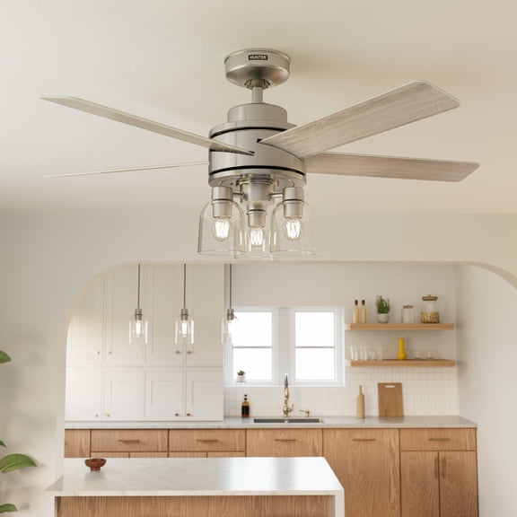 Hunter - Lochemeade Indoor Ceiling Fan With Light, Remote, 52-inch, Brushed Nickel, Modern-style, 3-speed WhisperWind Motor, 52651, for Living Rooms, Bedrooms