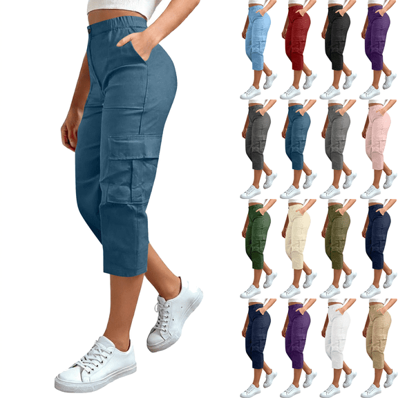 Cargo Capri Pants for Women Plus Size Summer Casual High Waist Straight Leg Capris Outdoor Hiking Workout Cropped Pants,Sizes S-5XL