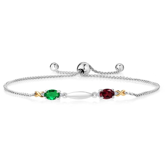 Gem Stone King 0.94 Ct Green Nano Emerald Red Rhodolite Garnet 925 Silver and 10K Yellow Gold Lab Grown Diamond Bracelet for Women