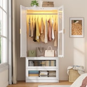 2 Doors Armoire Wardrobe Closet for Bedroom, with Mirror & 2 Drawers & LED Sensor Light, 71 H Wardrobe Closet Cabinet with Hanging Rod, Glass Doors