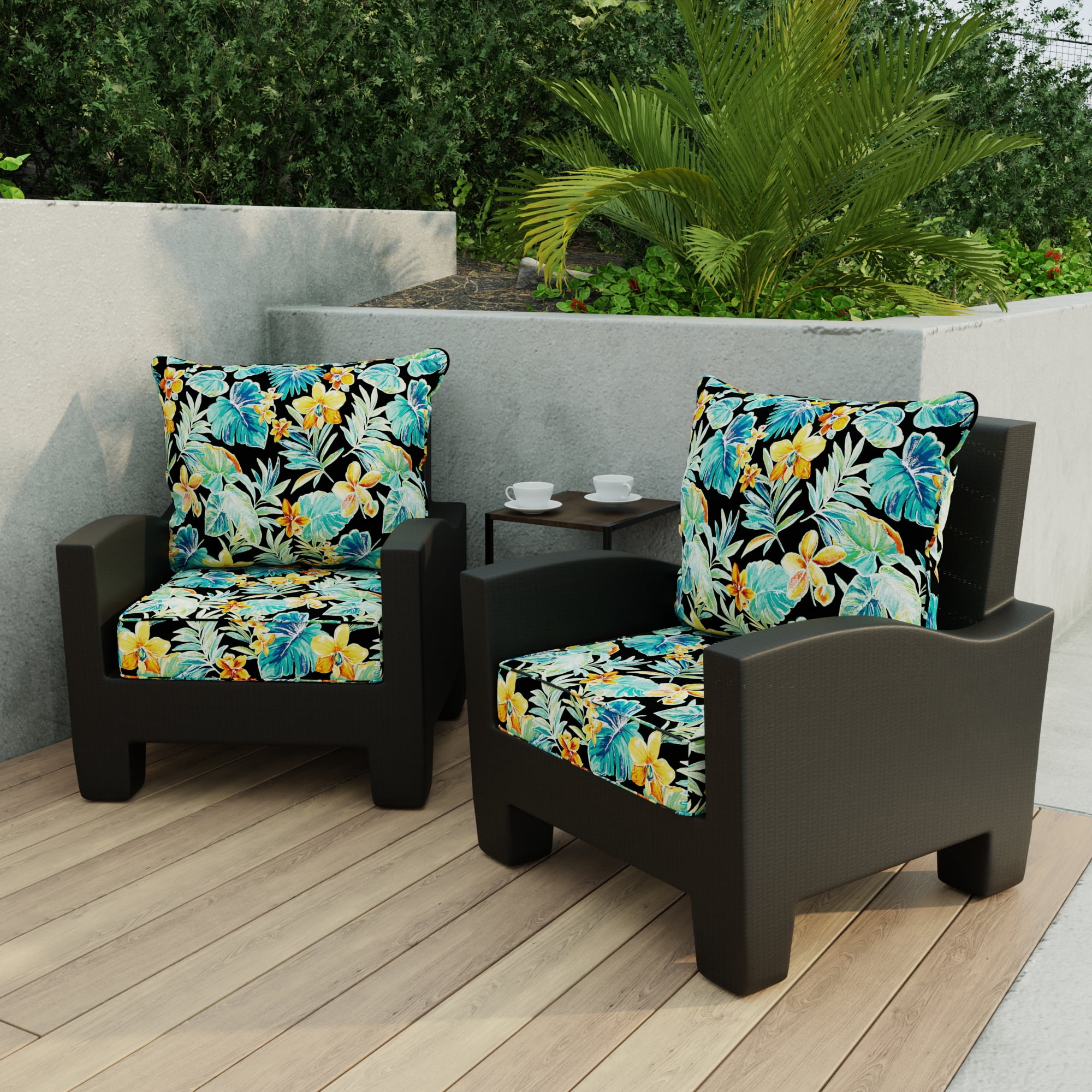 Jordan Manufacturing 46.5" x 24" Beachcrest Caviar Black Floral Rectangular Outdoor Deep Seat Chair Cushion Set with Welt