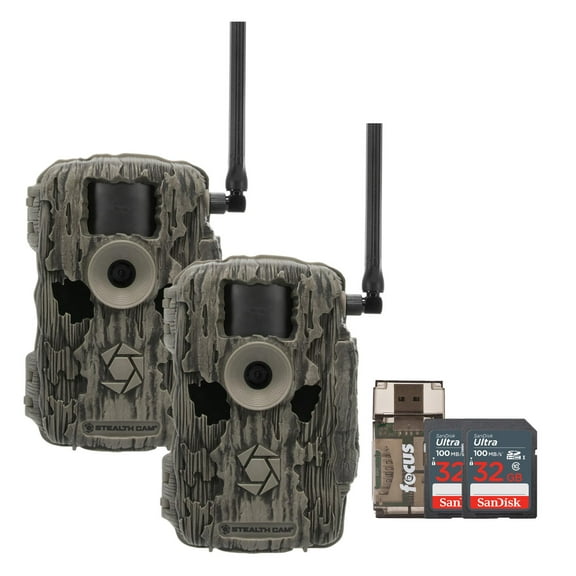 Stealth Cam 36MP Fusion Max Cellular Trail Camera with 80 Feet Detection Range 2-Pack with Two 32GB Memory Cards and Card Reader