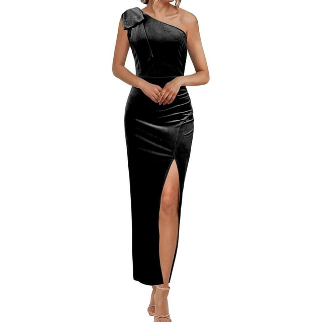 Diconna Robe Formelle en Velours pour Femmes, Couleur Unie, une Épaule, Fendue, Robe de Soirée pour Mariage, Cocktail, Fête