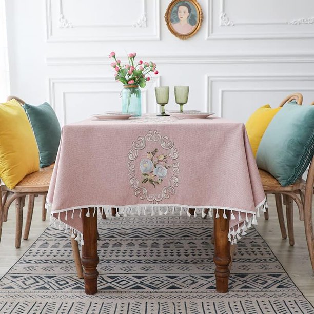 Mantel impermeable con estampado de seda, bordado con borlas, resistente, antiarrugas, rectangular, para cocina, comedor, mesa de centro para 4-6 personas (55'' x 70'', rosa-02)