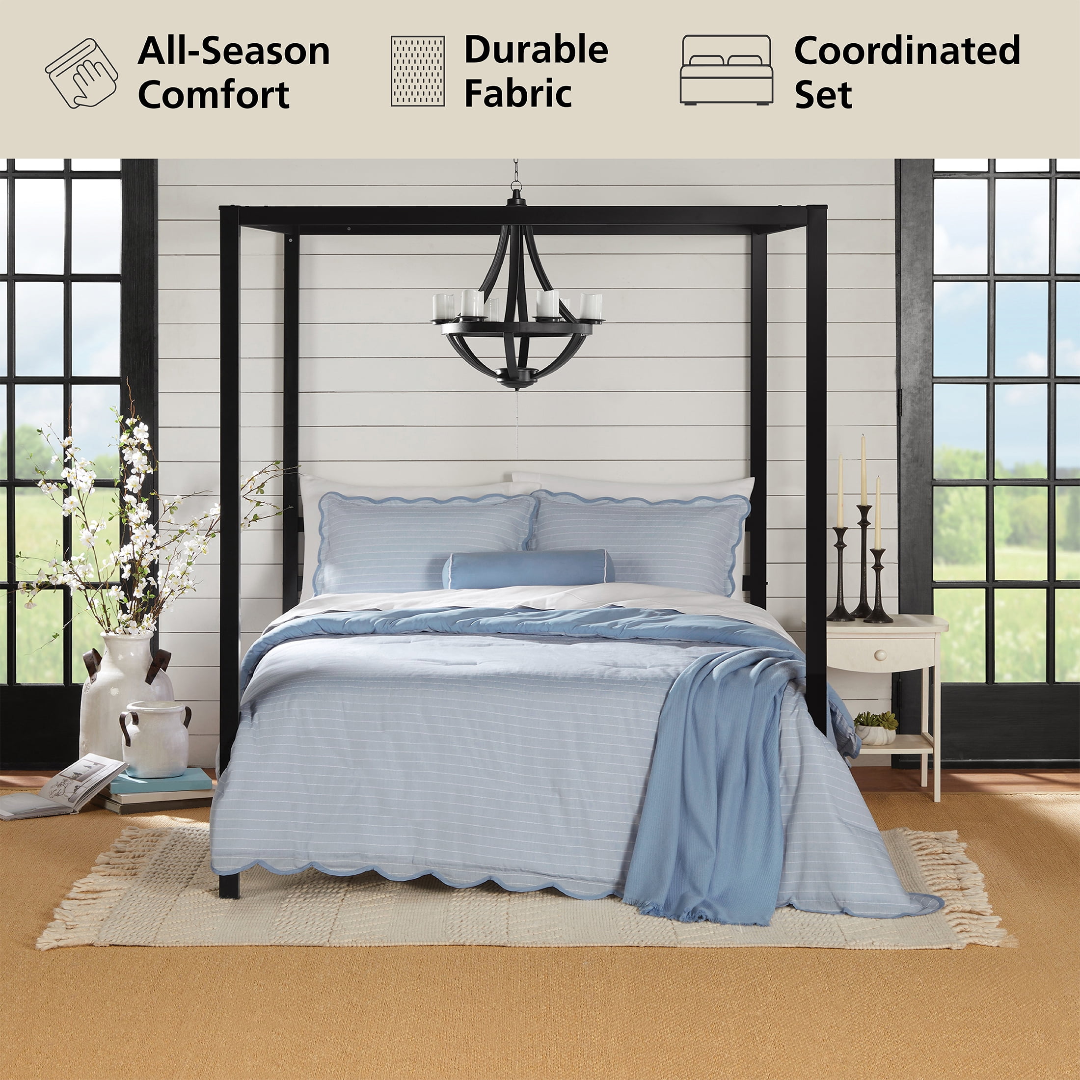 Mainstays King Comforter Set, All-Season, 5-Piece, Blue Pick Stitch Scallop