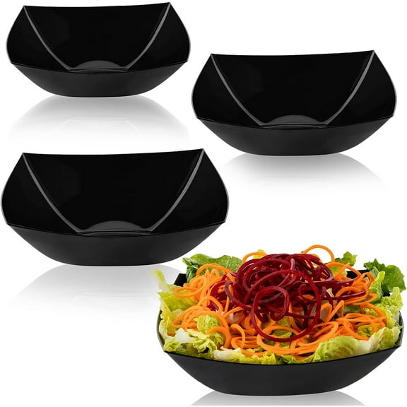 PLASTICPRO 64 Oz Disposable Serving Bowls Black Plastic Square Snack Bowls, 4-Pack