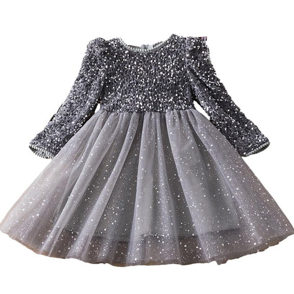 WOLLED 2-7 Years Toddler Girls Sequins Princess Dress Baby Splicing Tutu Dress Casual Long Sleeve Dresses for Kids
