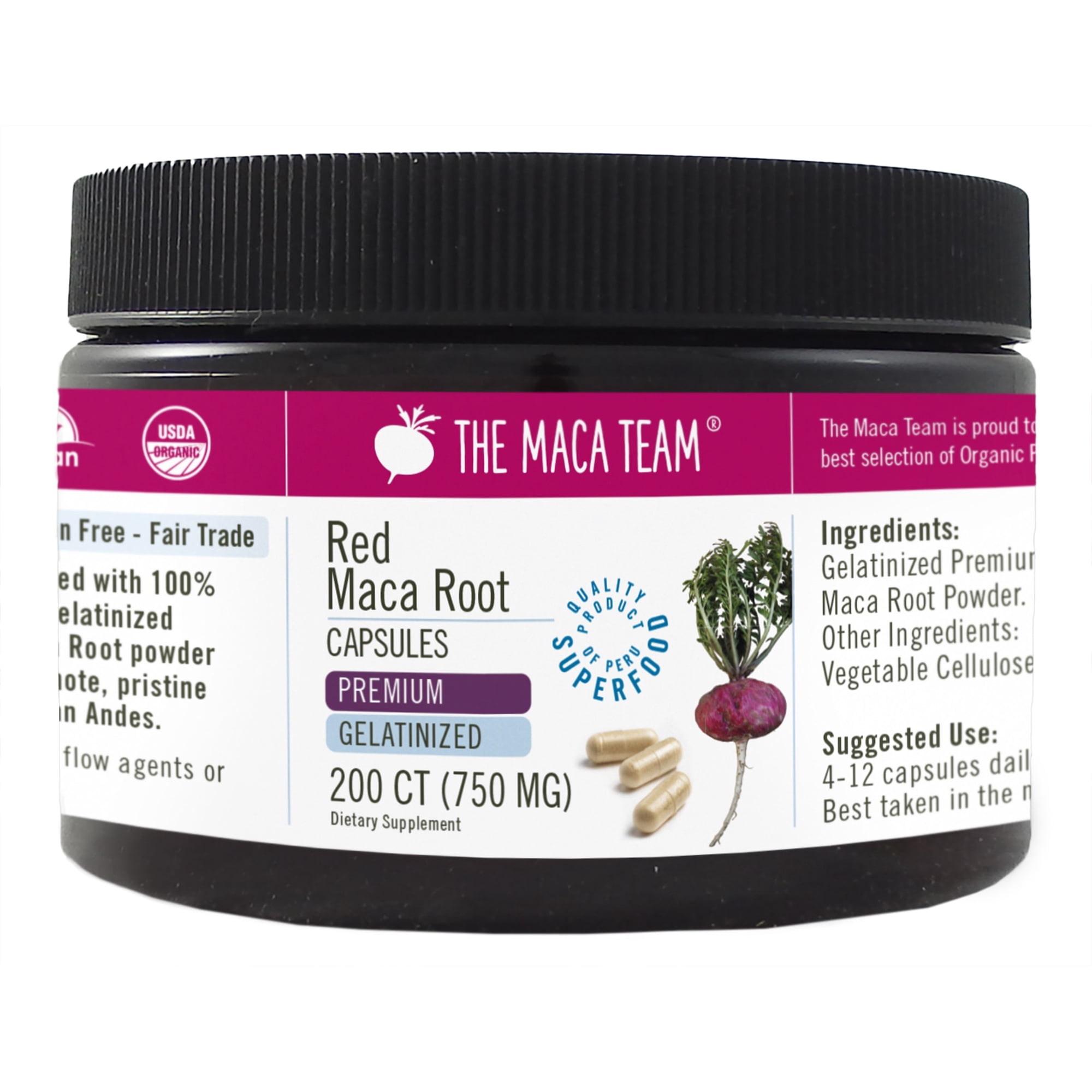 Organic Premium Gelatinized Red Maca Capsules - Vegan - 750 mg - 200 ct