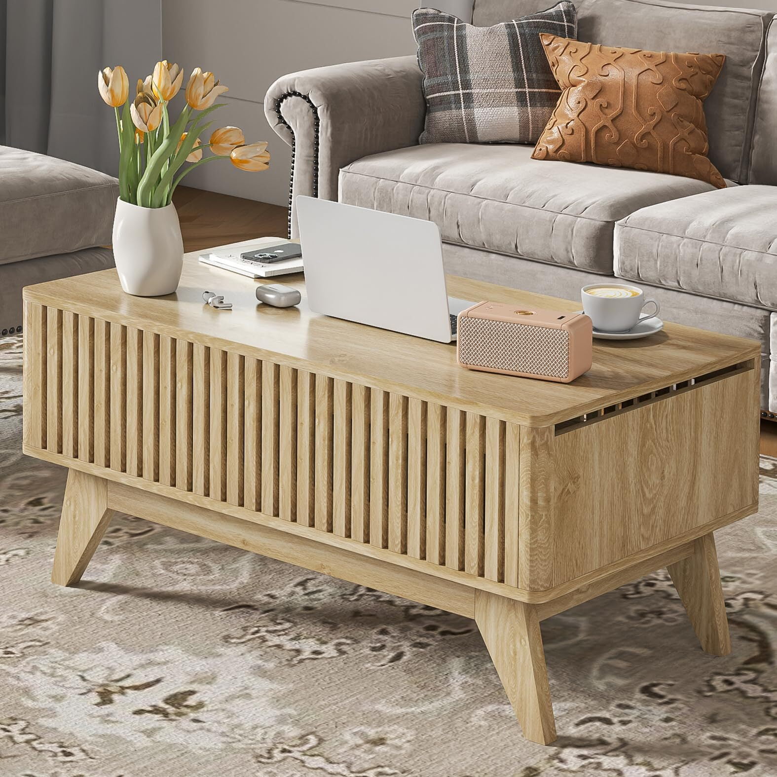 Lift Top Coffee Table with Hidden Storage, Mid Century Modern Fluted Farmhouse Center Table for Living Room, Wood
