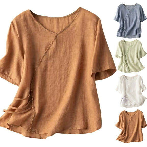 Hvyesh Cotton Linen Tops for Women Plus Size V Neck T-Shirt Summer Short Sleeve Tunic Tee Shirt Campañas de enero