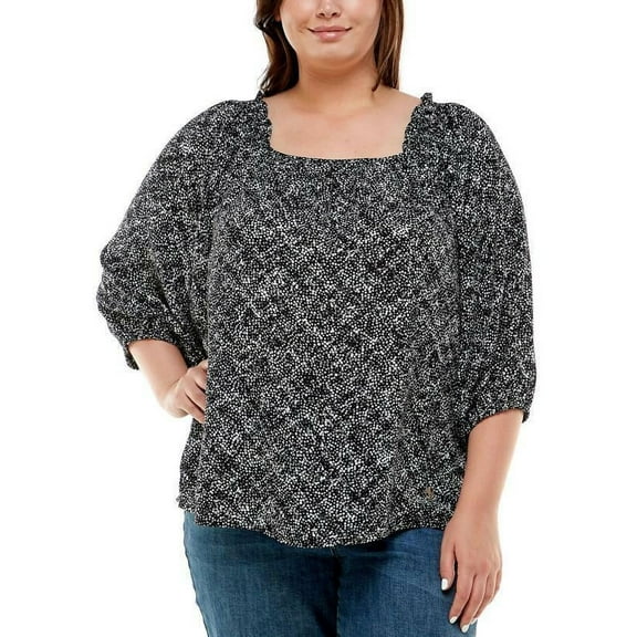 Adrienne Vittadini Plus Size 3/4 Sleeve Blouse with Smocked Shoulder Black 3X