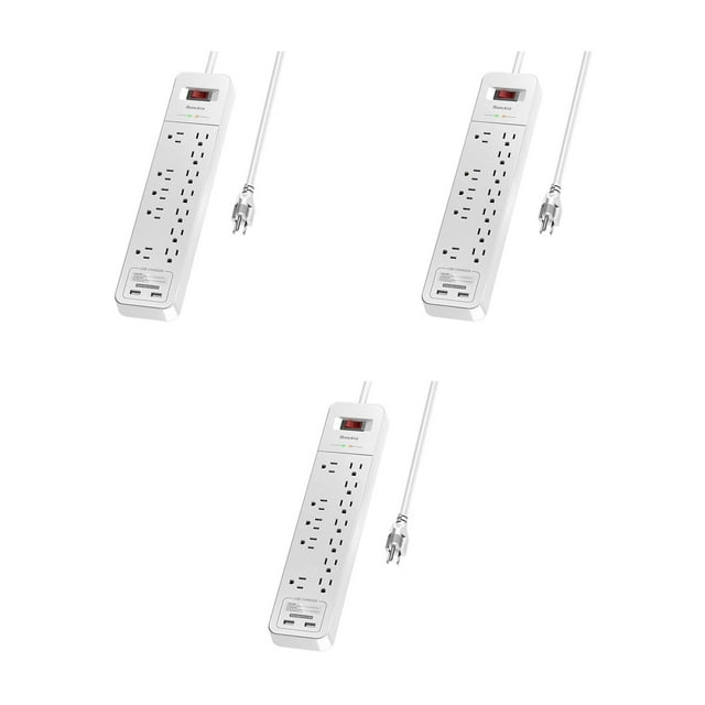 Huntkey Power Strip with 12 AC Sockets and 2 USB Charging Ports, White (3 Pack)
