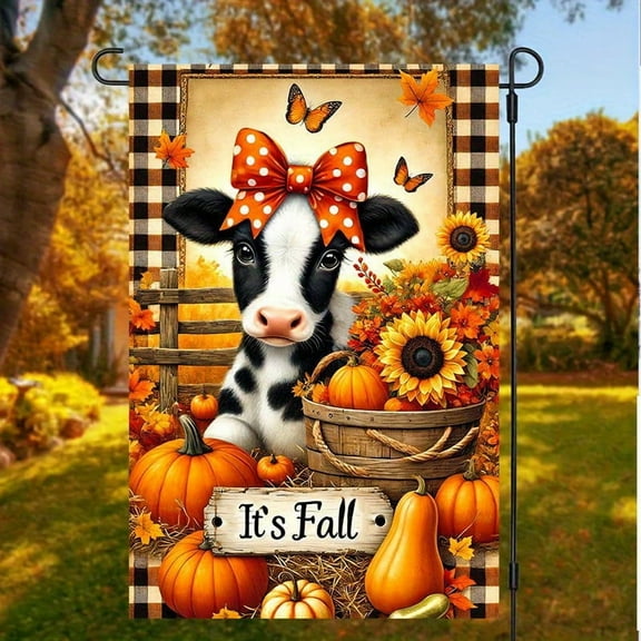 18 x 12 Inches Autumn Bow Cow Pumpkin Thanksgiving Halloween Christmas Garden Flag, 2D Flat