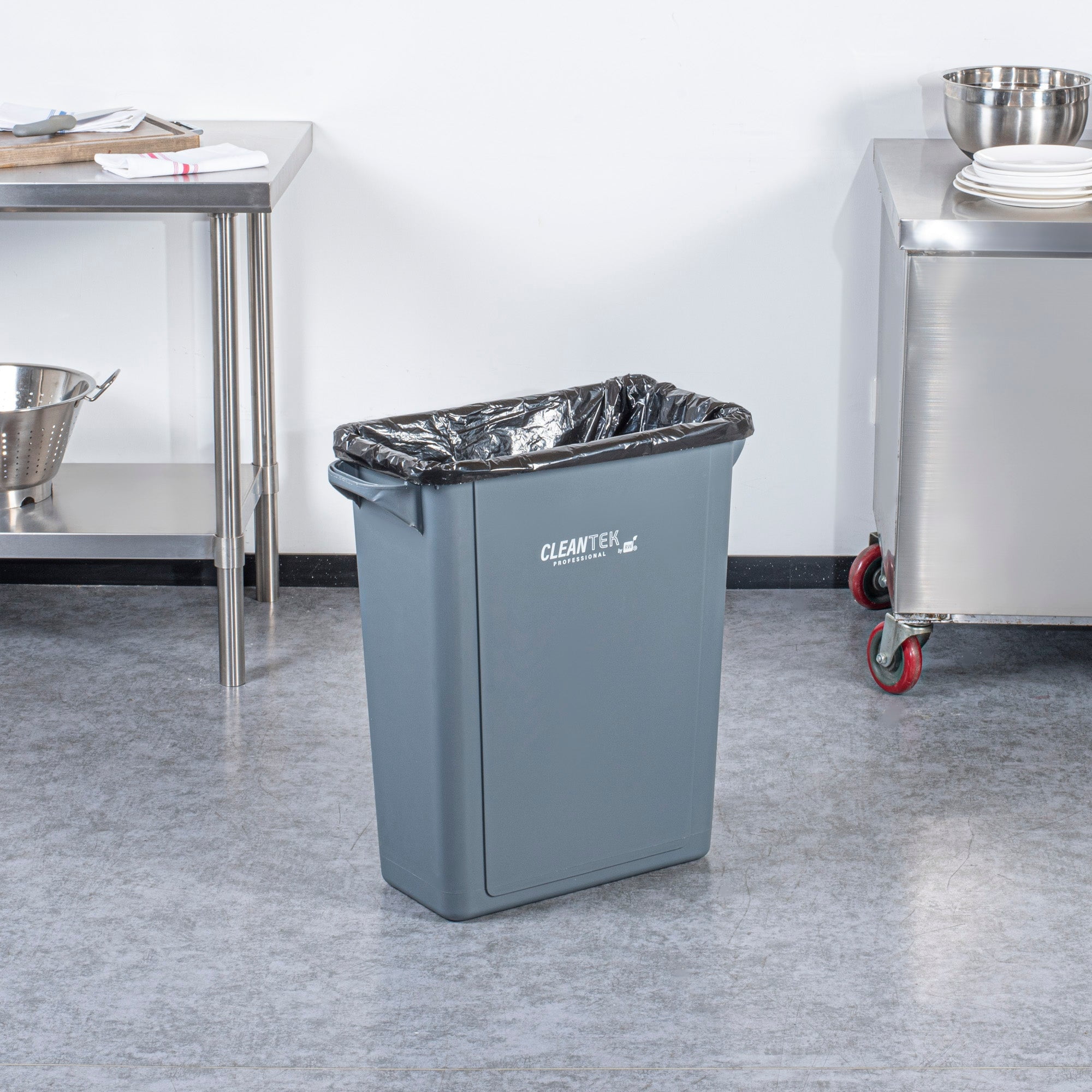 Clean Tek Professional 15 gal Rectangle Gray Plastic Slim Trash Can - with Handles - 24" x 10 3/4" x 24 3/4" - 1 count box