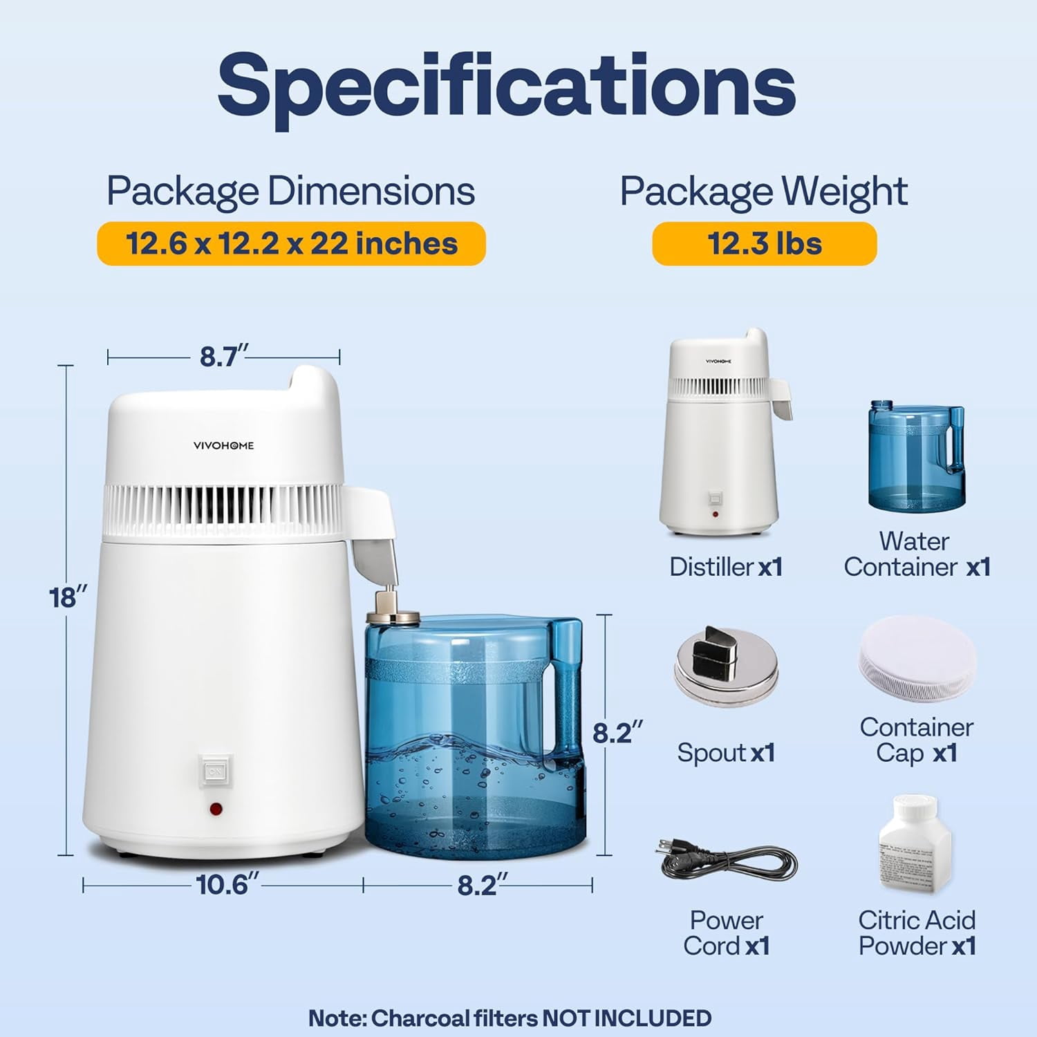 SPECSTAR Water Distiller Countertop 1.6 Gallon/6L 900W Distilled Water Machine with Smart Switch Purifier Filter for Home Office, White