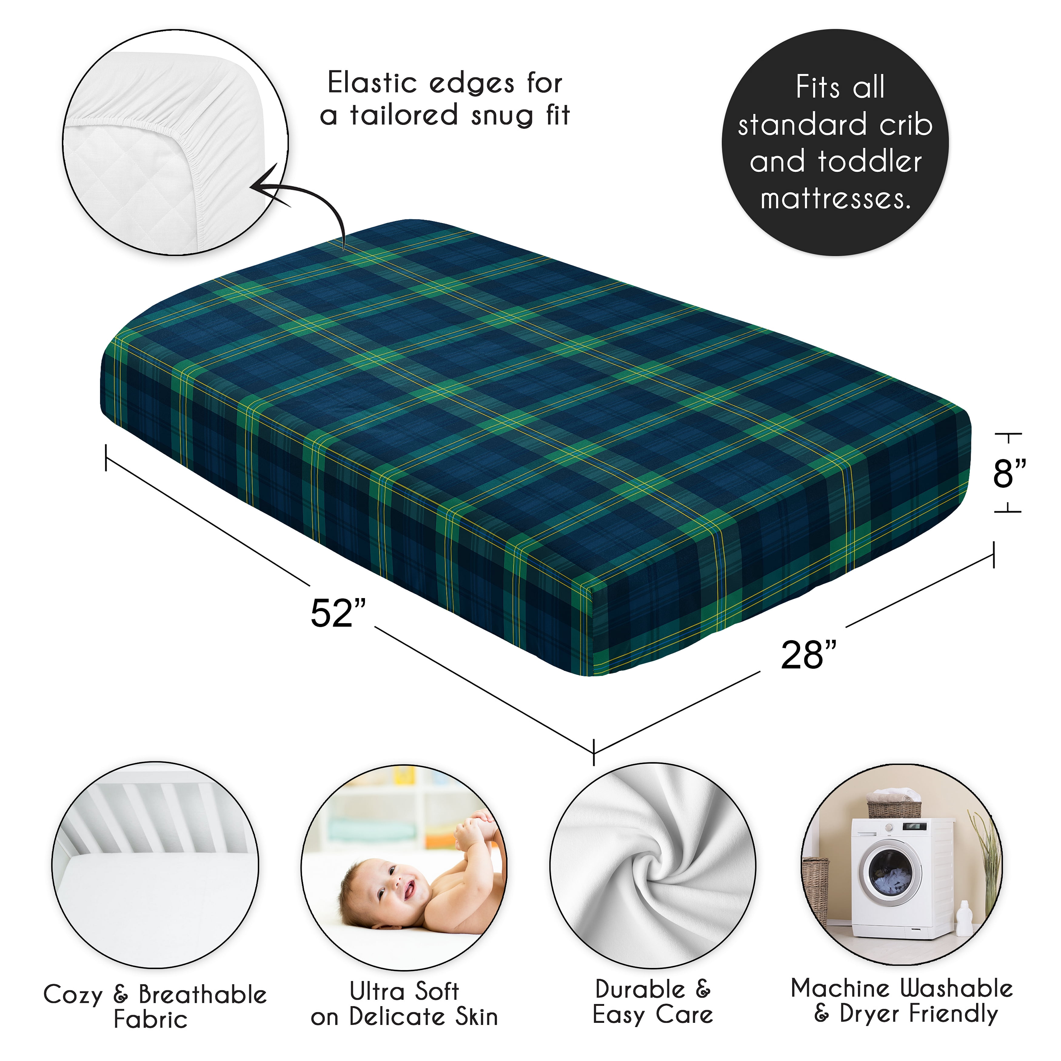Sweet Jojo Designs Gingham Green Plaid Boy, Girl, Unisex/Gender Neutral Fitted Crib Sheet