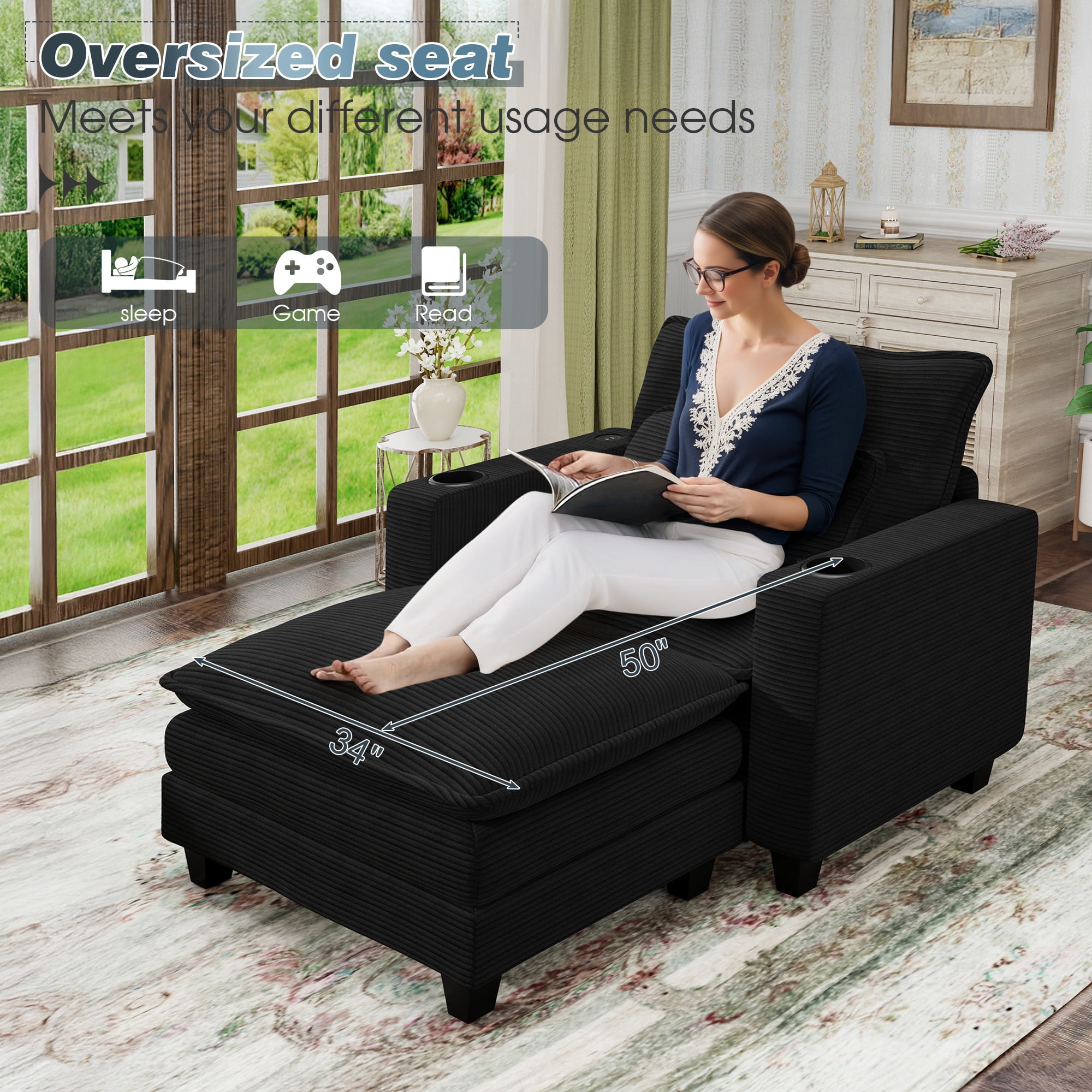 Lunale Oversized Lounge Chair & Ottoman Set - 45.5" Cloud Corduroy Accent Armchair with USB/Cup Holder for Modern Living/Bedroom, Black