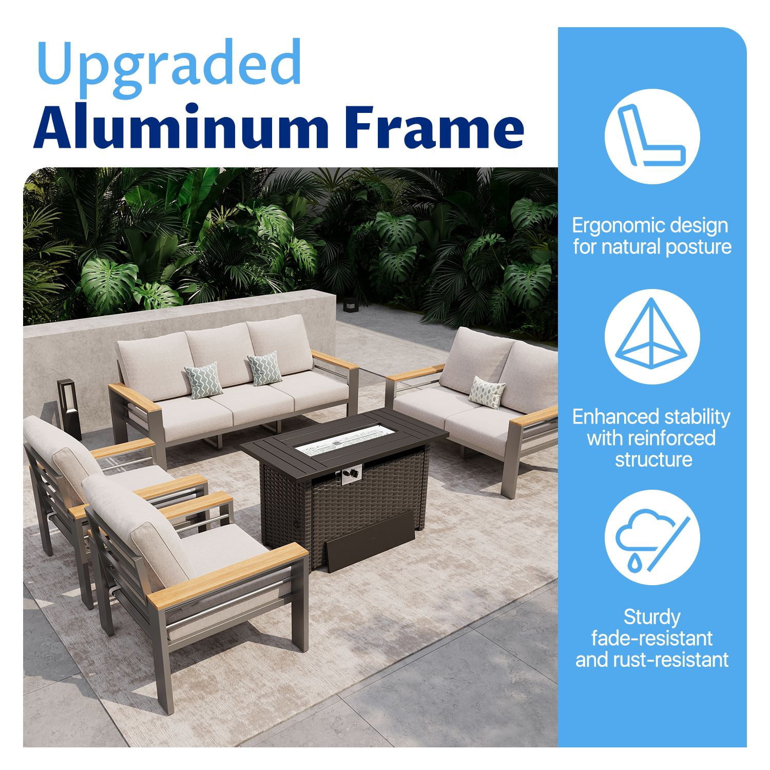 LazySunsets 5 Piece Aluminum Patio Furniture Set, 7-Seat Oversized Outdoor Sectional with Fire Pit Table, Light Gray