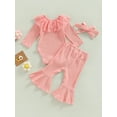 thumbnail image 4 of Baby Girl 3Pcs Fall Outfits Long Sleeve Lace Collar Romper + Bow Flare Pants + Headband Set, 4 of 9