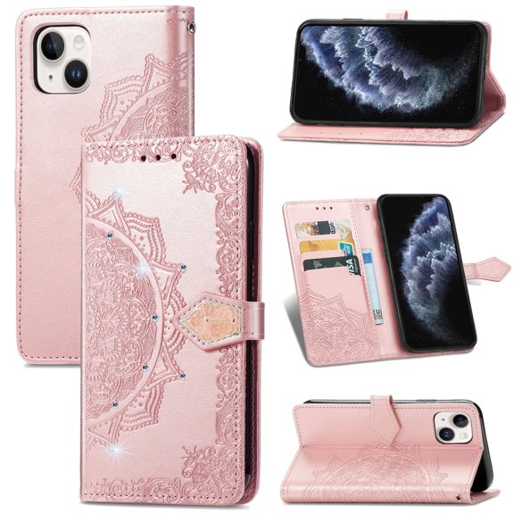 Wallet Case for iPhone 13 Mini, Glitter PU Leather Magnetic Closure Handbag Embossed Case Kickstand Card Holder Slots with Wrist Strap TPU Shockproof Flip Cover RFID Blocking, Rosegold