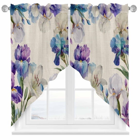 Spring Floral Swag Kitchen Curtain Valances, Watercolors Purple Iris Flowers Vintage Linen Rod Pocket Curtains Window Treatment Decor Valances for Bedroom Bathroom, 2 Panels 36 x 45 Inch