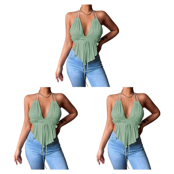 Qarigey Chaleco con escote en V profundo, camisola con tirantes finos, Top corto sin espalda para niñas, accesorios de ropa de moda para vacaciones en Verde XL 3piezas Qarigey CBP228837