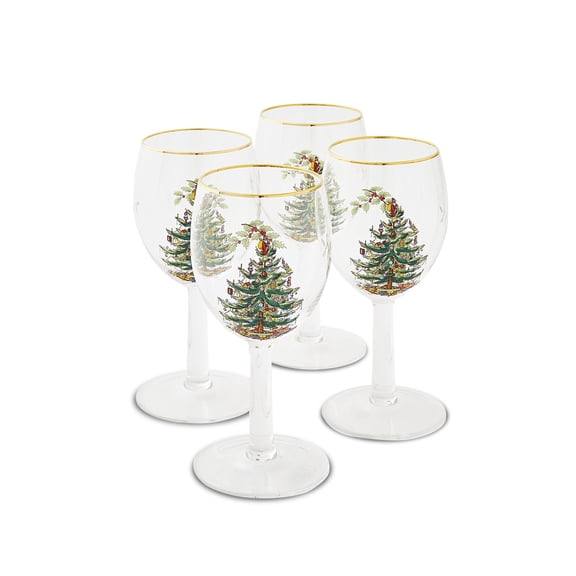 Spode Christmas Tree Wine Glasses, 13 Oz - Clear, Set of 4 - Festive Holiday Drinkware with Gold-Rimmed Design, Elegant Glass Stemware for Wine, Cocktails & Seasonal Beverages