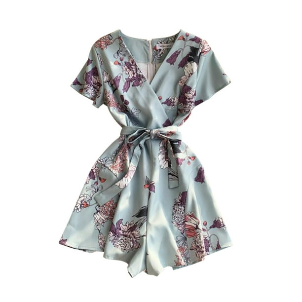 Mono corto para mujer, estampado floral, cuello en V, cintura alta, mameluco informal, pantalones con cordones kenally AP001215-05B