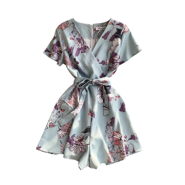 Mono corto para mujer, estampado floral, cuello en V, cintura alta, mameluco informal, pantalones con cordones Yuarrent AP001215-05B
