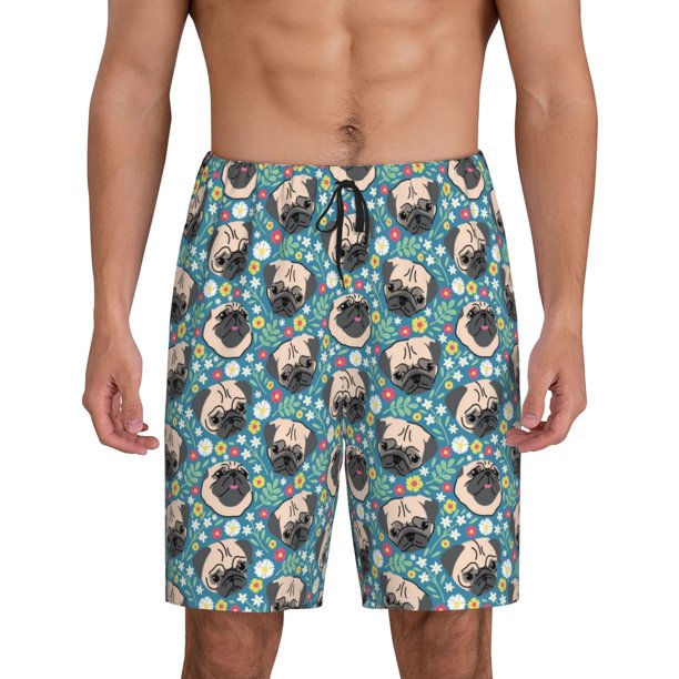 Balery PUG HEAD And Flower Pantalones cortos de pijama de punto de algodón para hombre con cinturilla y bolsillos-3X-Large
