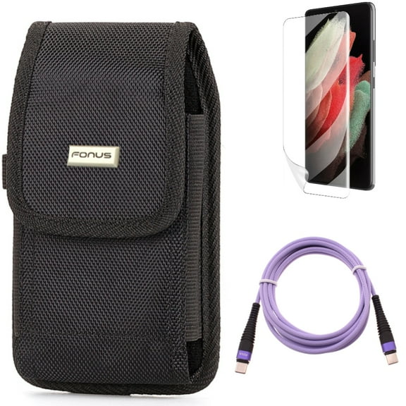 Case Belt Clip & Purple 6ft PD Cable & Matte Screen Protector for Samsung Galaxy S22 Plus (S22 ) - Combo Rugged Holster & Type-C to USB-C Long Charger Cord Power & TPU Film Anti-Glare
