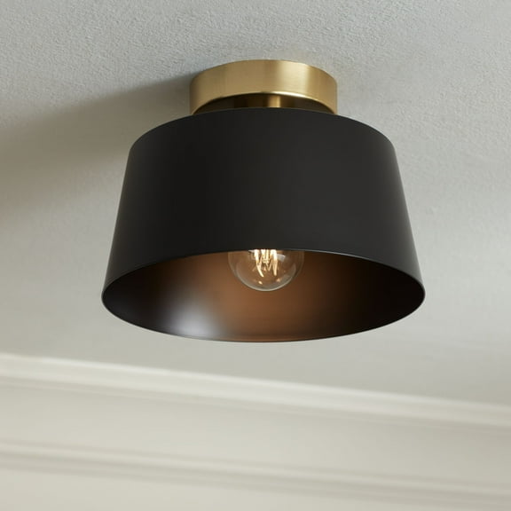 Possini Euro Design McCovey 9 3/4" Modern Semi Flush-Mount Ceiling Light Fixture Kitchen Foyer Drum Round Black Brass Finish Metal