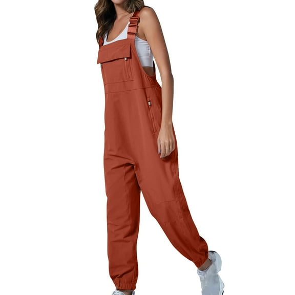 Dezsed Women's Casual Loose Overalls Jumpsuits One Piece Sleeveless Wide Leg Long Pant Rompers with Pockets Orange M