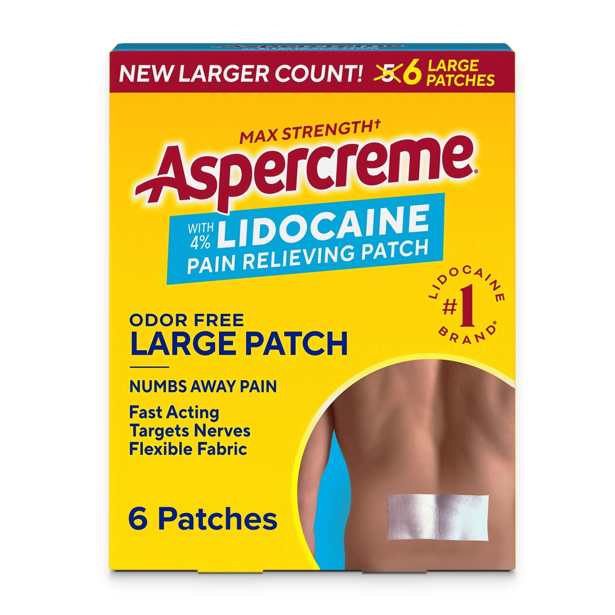 Aspercreme Lidocaine Pain Relief Patch for Back, Neck & Shoulder Pain, Topical Patches With Max-Strength 4% Lidocaine & Flexible Fabric Numbs Away Pain, 6 Ct.