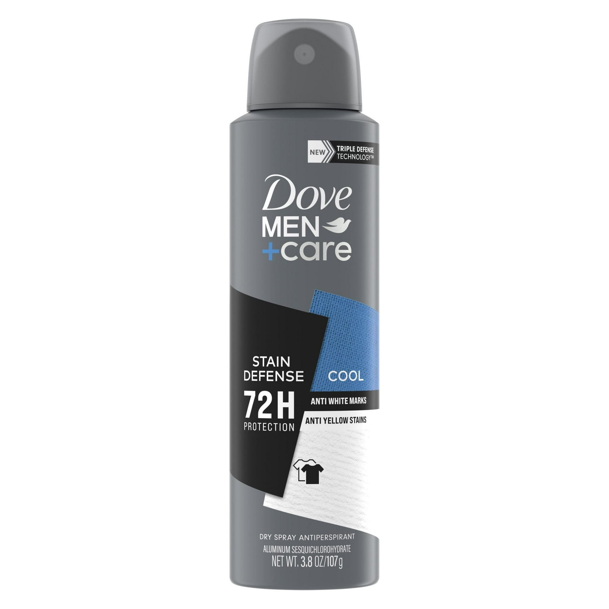 Dove Men+Care Antiperspirant Deodorant Dry Spray For Men Anti-White Marks & Yellow Stains, 72-hour Sweat And Odor Protection Stain Defense Cool With Triple Defense Technology™, 3.8 oz