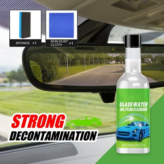 Glass Water Oil Film Cleaner, 150ml/5fl oz Stain Remover for Car Glass, Multi-Surface Cleaner with Sponge & Non-Dust Cloth