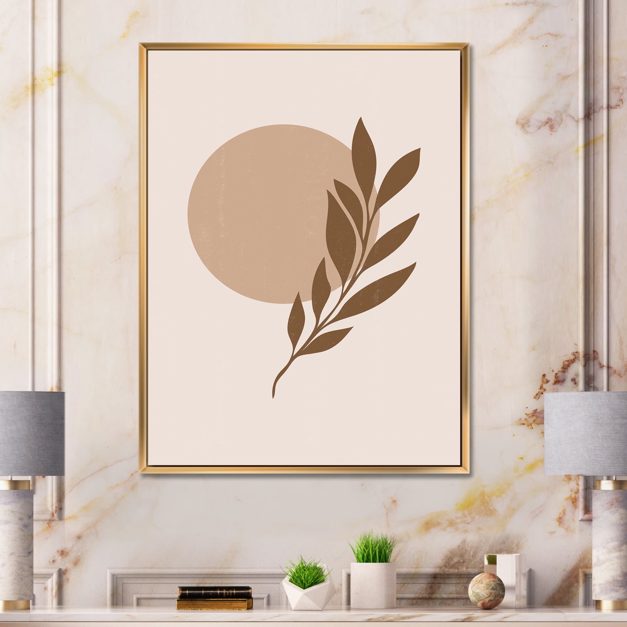 Designart 'Abstract Terracotta Moon and Sun With Tropical Leaf' Modern Framed Canvas Wall Art Print