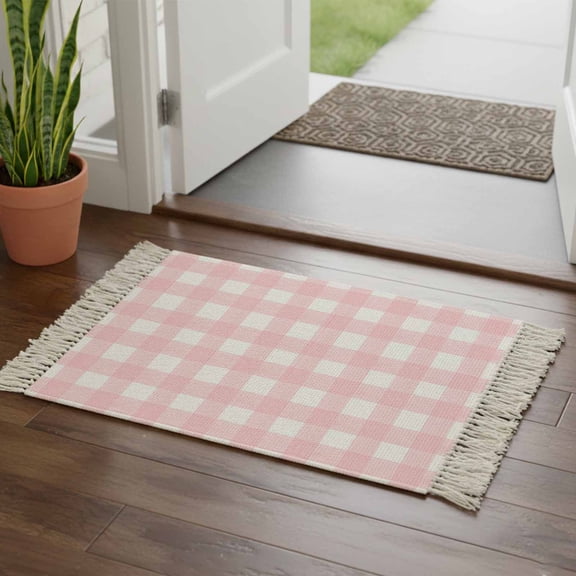 Pink Buffalo Plaid Bathroom Rug 2'x3', Farmhouse Pink White Checkered Low Profile Front Entryway Rug with Tassels, Woven Cotton Washable Kitchen Mat Carpet for Foyer Bedroom Back Door Decor