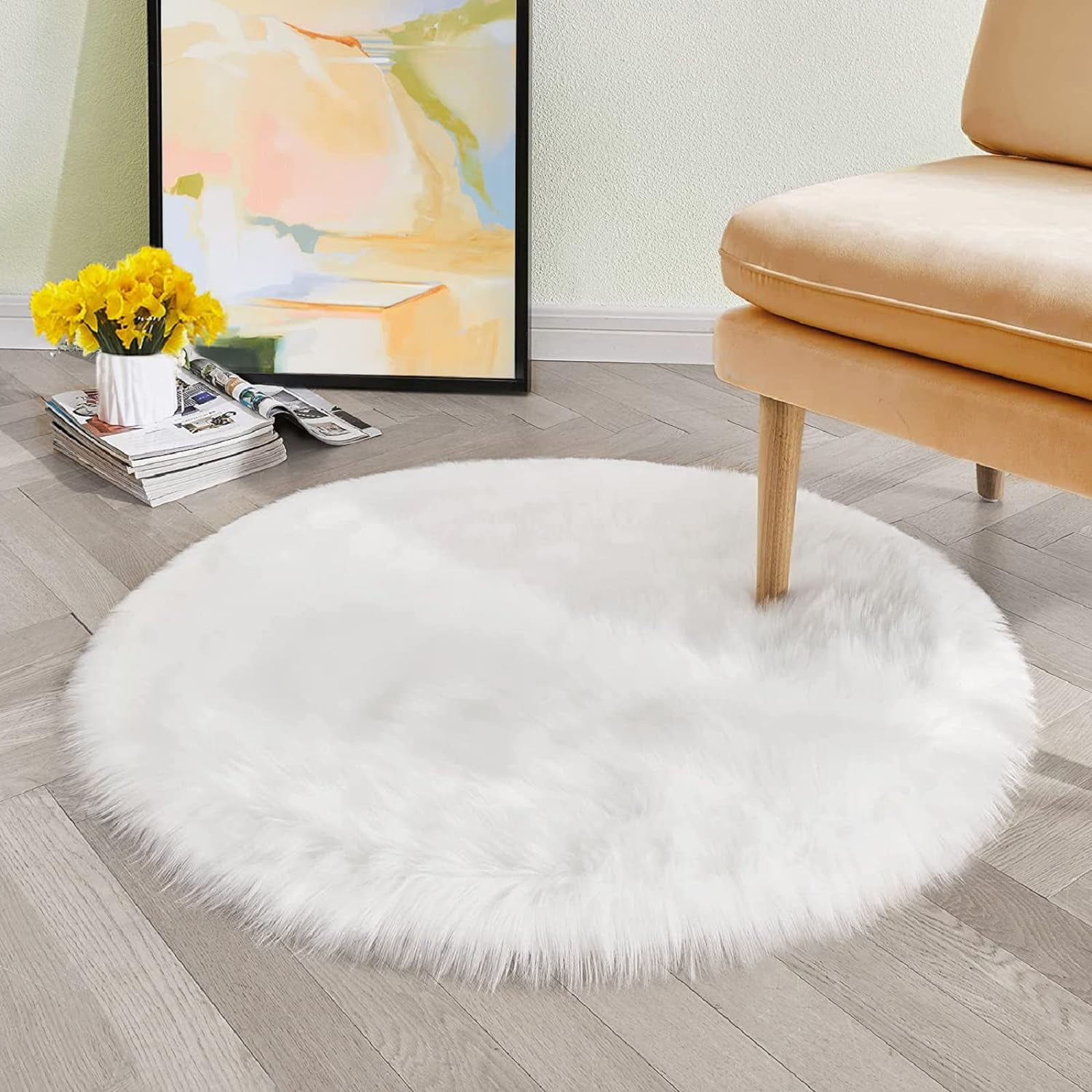 ORINOVA White Round Rugs 6.6ft Large Faux Sheepskin Washable Fur Area Rugs for Living Room Circle Shag Rugs for Bedroom Boho Nursery Rug