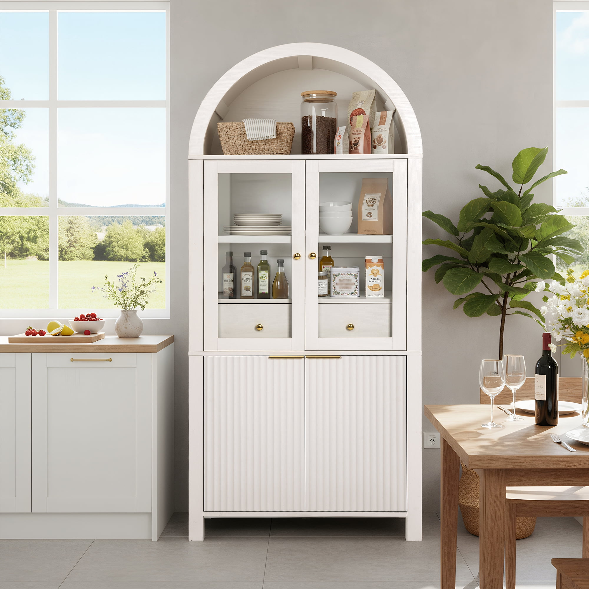 Mintazer 71" Fluted Tall Arched Kitchen Pantry Cabinet with Adjustable Shelves, Freestanding Storage Cabinet with Glass Doors & Drawer for Kitchen Living Room Dining Room, White