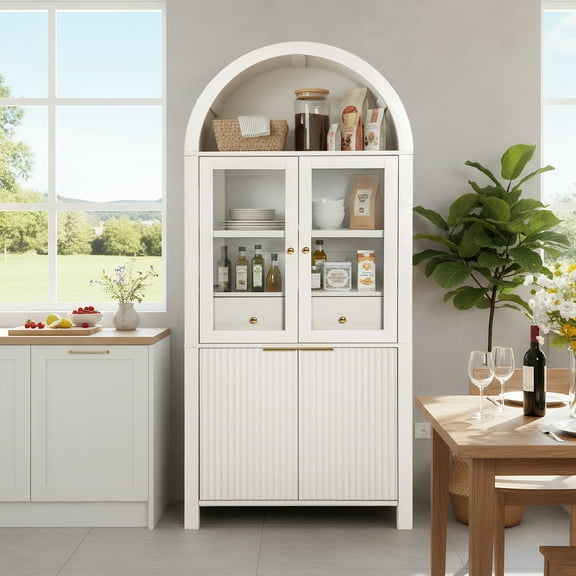 71" Fluted Arched Pantry Cabinet with Glass Door & Hidden Drawer, Farmhouse Storage with Adjustable Shelves for Kitchen Dining Room, White