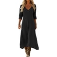 thumbnail image 2 of HAOTAGS Women Dresses Elastic Waist Relaxed Fit V-Neck Solid Color Long Sleeve Maxi Dress Dark Gray Size 2XL, 2 of 7