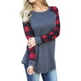 thumbnail image 3 of Women Round Neck Long Sleeve Splicing Plaid Top, 3 of 6