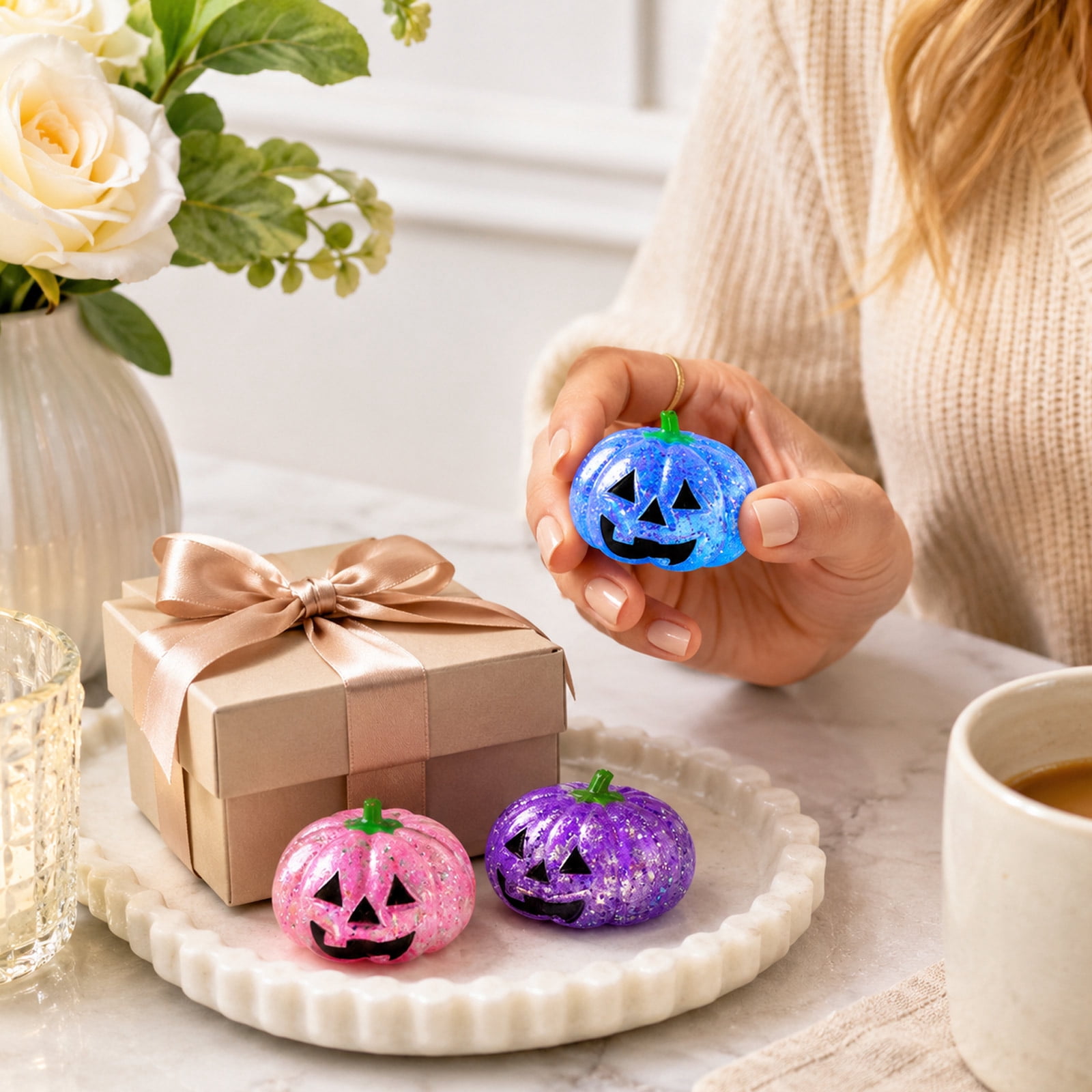 Sparkly Jack-O-Lantern Squishy for Adults, Slow Rising Glitter Pumpkin Squeeze Toy, Stress Relief Fidget Squishy, Halloween Desk Decor, Holiday Gift for Office Workers